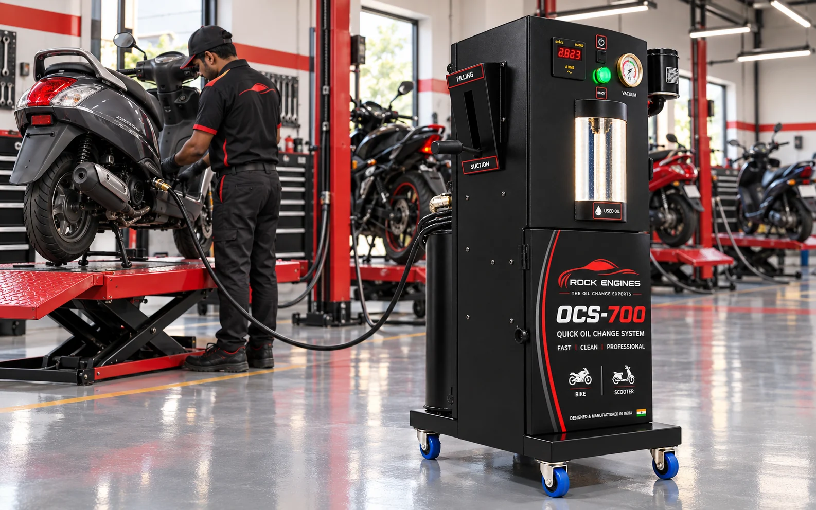 OCS 700 multi-bay oil change system in a bike workshop
