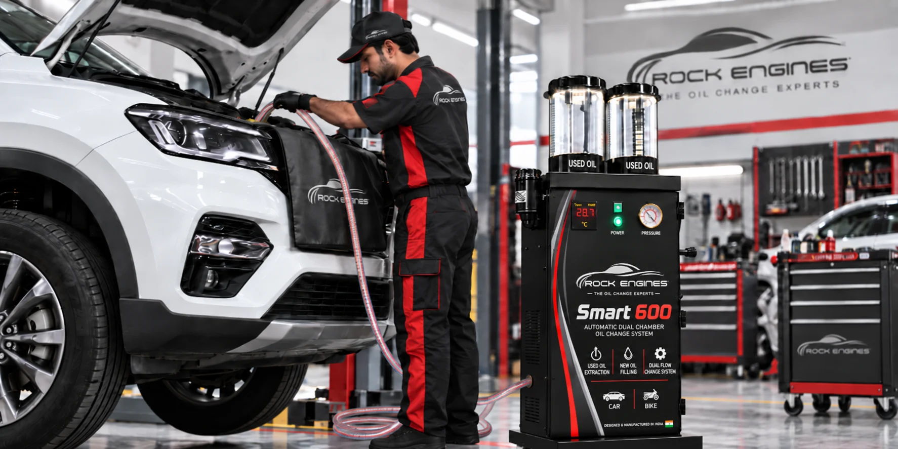 Smart 600 oil change machine servicing a car in a workshop